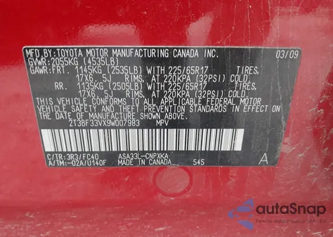 2009 Toyota Rav4 из США, поврежденный, VIN 2T3BF33VX9W007983